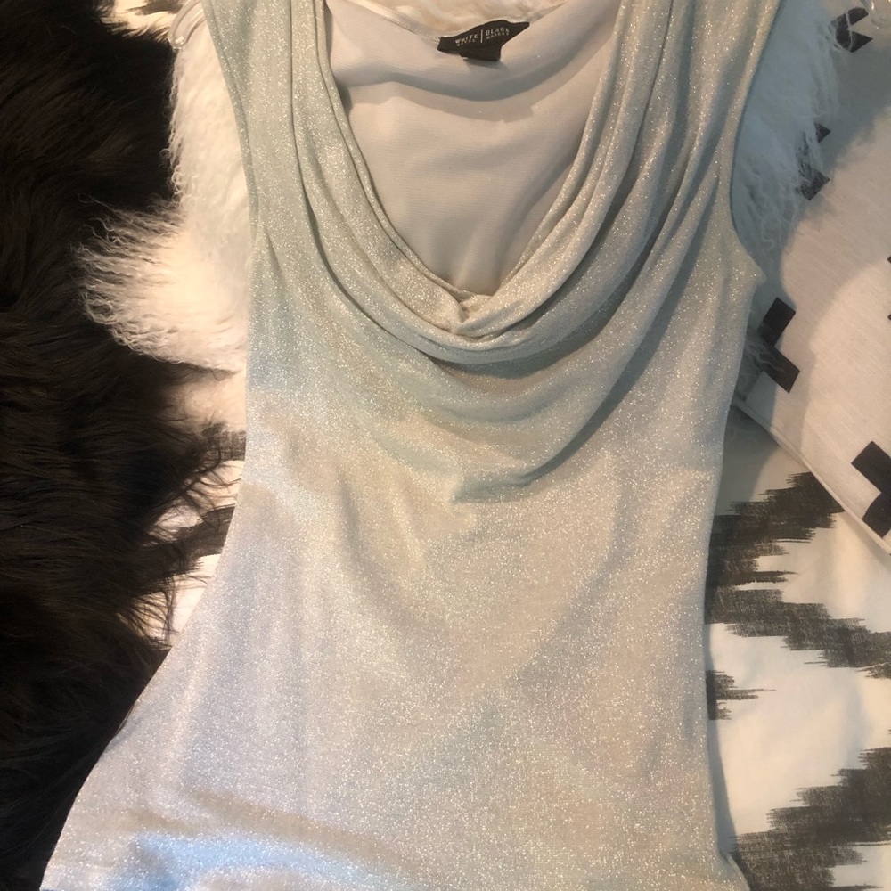 White House Black Market silver, drape neck top, sleeveless, fully lined.